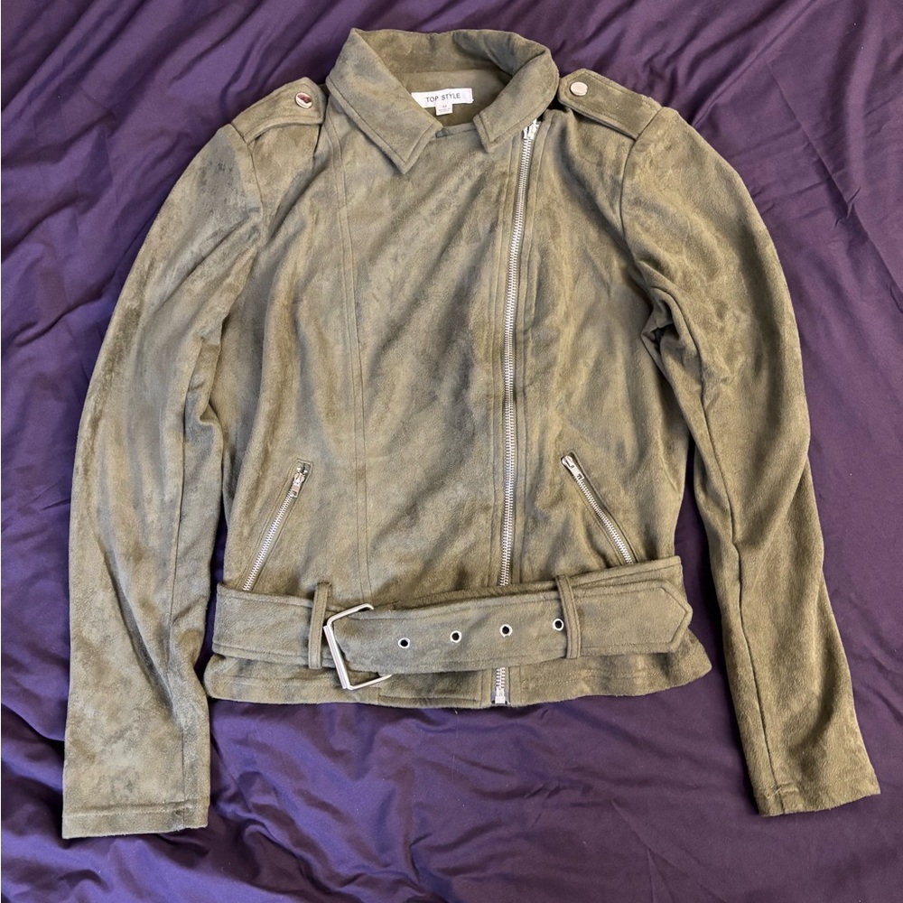 Olive Army Green Suede Women’s Zip Up Belted Moto Jacket Top Style Medium